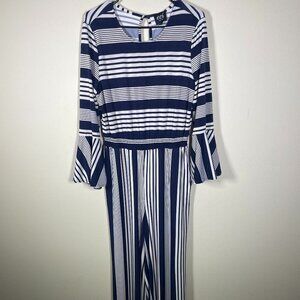 eci Women Navy White Stripe Long Bell Sleeve Pant Romper Jumpsuit Stretch Large!